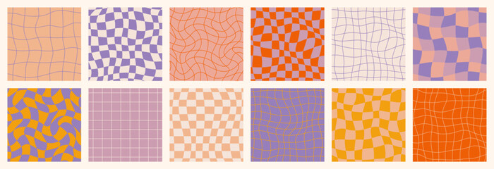 Wall Mural - Groovy Retro Checkerboard Seamless Patterns Set. Psychedelic Abstract Grid Background in 1970s Style. Y2K Wavy Texture