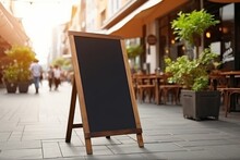 Blank Restaurant Shop Sign Or Menu Boards Near The Entrance To Restaurant. Cafe Menu On The Street. Blackboard Sign Mockup In Front Of A Restaurant. Signboard, Freestanding A-frame, Generative AI