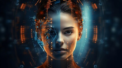 female face with matrix digital numbers artifical intelligence.