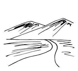 Wall Mural - Simple black outline vector drawing. Mountains on the horizon, road. Landscape and nature. Sketch in ink.