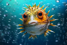 Pufferfish In The Aquarium. Underwater World. 3d Rendering
