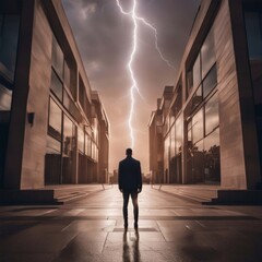 Conceptual image of a businessman standing in front of an office building