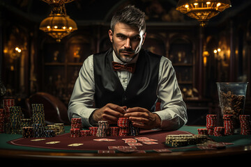 Wall Mural - Portrait of a croupier is holding cards, gambling chips on table.