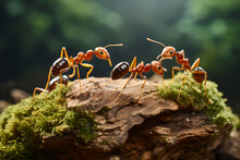 Close Up Group Of Ants Standing On Top Of A Rock On The Forest