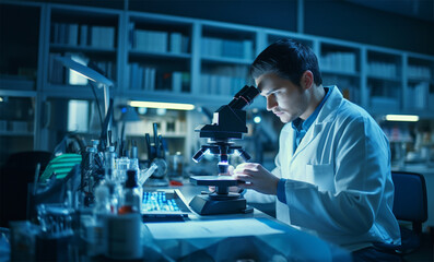  a scientist or researcher using a microscope in a laboratory setting