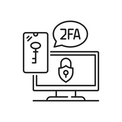 Leinwandbilder - 2FA password authentication icon, 2 factor verification login access, vector key and computer. 2FA or two factor authentication for privacy via mobile phone, multi step verification of security access