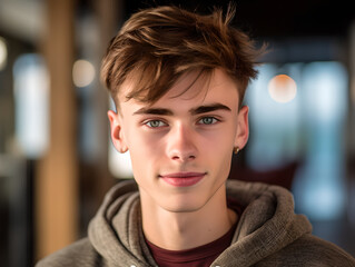 Portrait of handsome attractive young man with short haircut on the street outdoors. Close up of a young handsome boy with a smiling face standing alone on the street