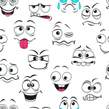 Cartoon Funny, Sad, Crying And Happy Faces Seamless Pattern, Vector Emoji Background. Emoticons Expression Or Kawaii Smile Pattern In Doodle, Funny Face Emoji Eyes And Mouth With Comic Cute Smiles