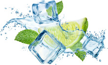 Mojito Drink Wave Splash With Lime, Ice Cubes, Water Swirl And Mint Leaves. Realistic 3d Vector Beverage Explosion With Citrus Slice, Water Drops, Peppermint And Frozen Icy Blocks, Cold Cocktail Flow