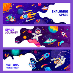 kids astronauts in outer space. aliens, ufo and galaxy space planets. cosmos exploration, galaxy tra