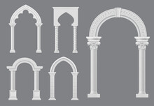 Castle And Palace White Marble Arch, Medieval Archway Or Antique Greek Roman And Arabian Columns, Vector Architecture. Medieval Arches On Pillars, Ancient Stone Entrance Gates Or Marble Archway