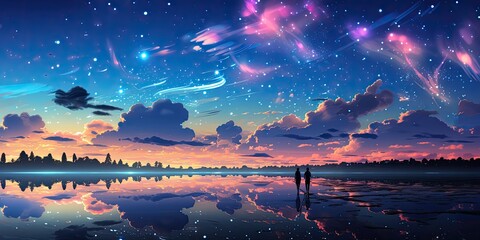 Wall Mural - colorful night sky reflection over water. abstract galaxy landscape painting. impressionist starry n