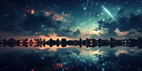 Wall Mural - colorful night sky reflection over water. abstract galaxy landscape painting. impressionist starry n