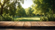 Empty Wooden Table Over Blurred Green Nature Park Background, Product Display, Empty Wood Table And Defocused Bokeh And Blur Background Of Garden Trees With Sunlight. Product Display Template.