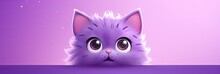 Adorable Purple Cartoon Cat. Happy Kitty With Pink Background. Big Eyes Stuffed Animal Kitten.