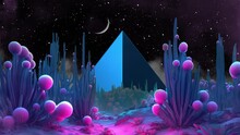 An Animated 4K Teal And Pink Toned Pyramid Landscape With Cactus Flora. Created With Some Elements Made With Generative AI.