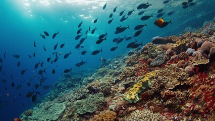 Wall Mural - Healthy coral reef with school of fish of the island of Nusa Penida, Bali, Indonesia. The dive site is named Toya Pakeh wall