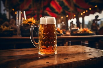 Wall Mural - A mug of beer on a wooden table, with the festival in the background.