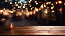 Empty Brown Wooden Tables And Bokeh Lights Blurred Outdoor Cafe  Abstract Background Of Restaurant Lighting Where People Enjoy Eating Can Be Used For Montages Or To Display Your Products.