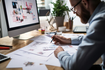 A designer is drawing a website design on a scrap of paper.