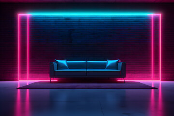 Wall Mural - modern living room with sofa in dark room with neon lights futuristic retro, Empty background scene. AI generate