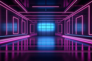 Wall Mural - dark room with neon lights futuristic retro, Empty background scene. Dark street reflection Rays neon light in the dark, neon figures abstract spotlight, AI generate