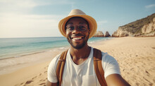 Portrait Of Male Tourist Taking Selfie And Walking On The Beach. AI Generated.