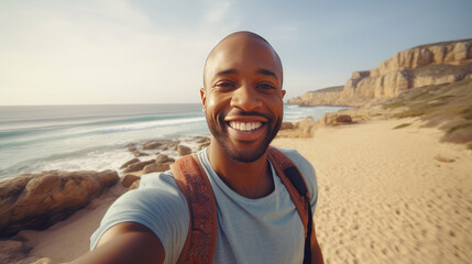 Portrait of male tourist taking selfie and walking on the beach. AI Generated.