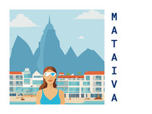 Square Flat Design Tourism Poster With A Cityscape Illustration Of Mataiva (French Polynesia)