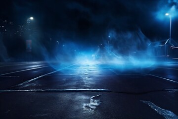 Poster - Generative AI : Empty background scene. Dark street reflection on the wet pavement. Rays of neon light in the dark, neon figures, smoke. Night view of the street, the city. Abstract dark background. 3