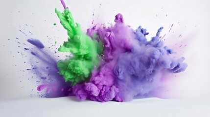 Poster - Generative AI : Explosion of vibrant Soft Violet and Light Green powder. Freeze motion of color powder exploding. Illustration