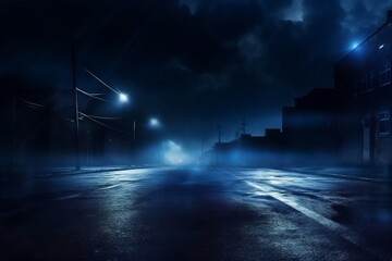 Generative AI : Empty background scene. Dark street reflection on the wet pavement. Rays of neon light in the dark, neon figures, smoke. Night view of the street, the city. Abstract dark background. 3