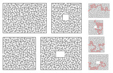A Set Of Maze Games. A Set Of  Square And Rectangular Mazes Of Medium Difficulty. The Solutions Of The Labyrinths Are Marked With A Red Line.