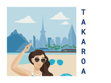 Square Flat Design Tourism Poster With A Cityscape Illustration Of Takaroa (French Polynesia)