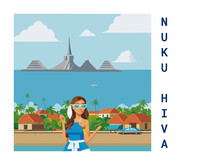 Square Flat Design Tourism Poster With A Cityscape Illustration Of Nuku Hiva (French Polynesia)