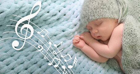 Poster - Lullaby songs, banner design. Cute little baby sleeping on fluffy blanket. Illustration of flying music notes near child