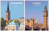 Fototapeta Big Ben - Set of Travel Destination Posters in retro style. Stockholm, Sweden, London, England prints. Exotic summer vacation, international holidays. Vintage vector colorful illustrations.