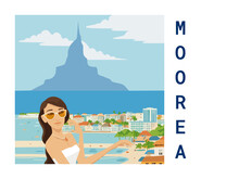 Square Flat Design Tourism Poster With A Cityscape Illustration Of Moorea (French Polynesia)