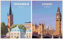 Set Of Travel Destination Posters In Retro Style. Stockholm, Sweden, London, England Prints. Exotic Summer Vacation, International Holidays. Vintage Vector Colorful Illustrations.