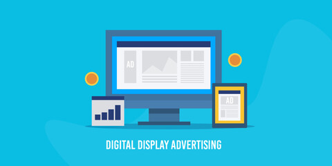 Wall Mural - digital display ad network showing ads on computer and tablet screen, spending money on internet adv