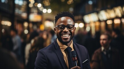 Journalist of African descent speaking with a businessman.