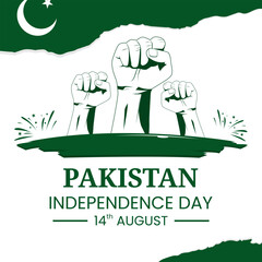 Wall Mural - Vector graphic of Pakistan Independence Day for greeting card with clenched fist, fireworks and ribbon