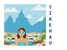 Square Flat Design Tourism Poster With A Cityscape Illustration Of Tikehau (French Polynesia)