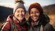 Outdoors hiking by a fit retired interracial lesbian pair