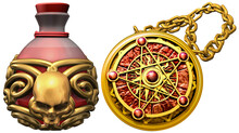 A Red Glass Potion Bottle, Embellished With An Ominous Skull, And An Unsettling Pentagram Pendant On A Golden Chain Necklace. 3D Rendered Illustration.
