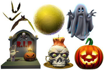 A Halloween collection of spooky graphics. It includes an eerie grave, flying bats, a luminous full moon, a veiled ghost, a creepy skull candle holder, and a cheerful Jack O' Lantern. 3D render.