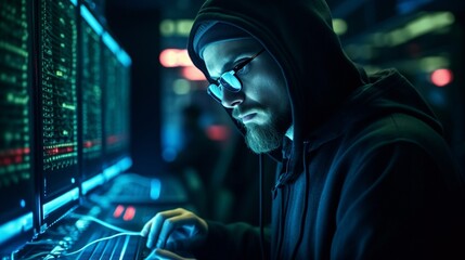 hooded hacker at a data centre