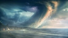 Big Tornado At The Beach With Lightning. Thunder Storm Loop 4k Video
