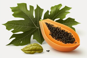 Wall Mural - papaya with slices and leaves isolated on white background. generative ai