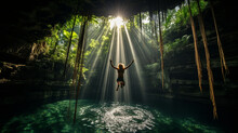 A Daring Cliff Diver Leaping Into A Crystal-clear Cenote, Surrounded By Lush Greenery 